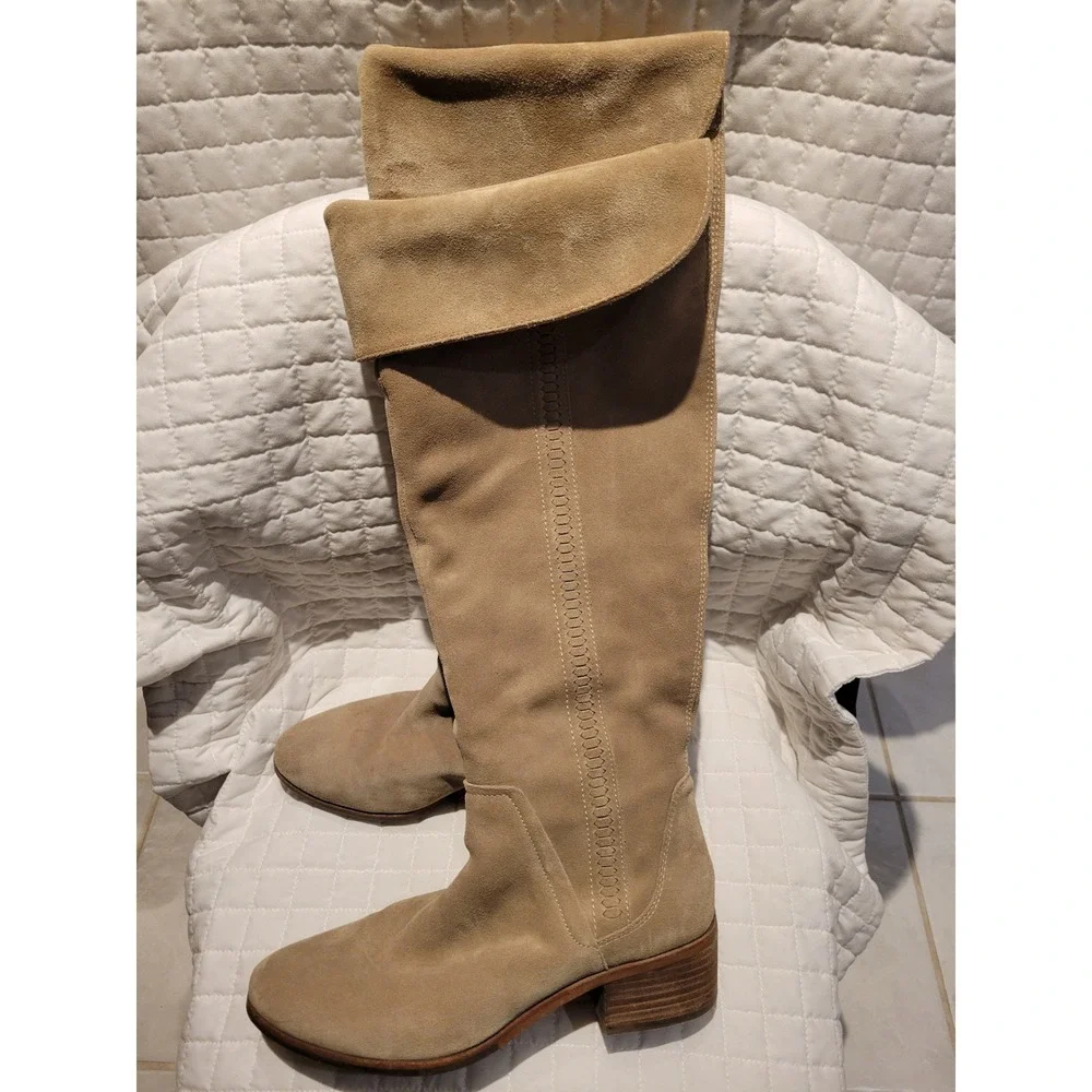 Vince Camuto Suede Foldover Cuffed Knee High Boots Tan Beige Women's Size 9.5M